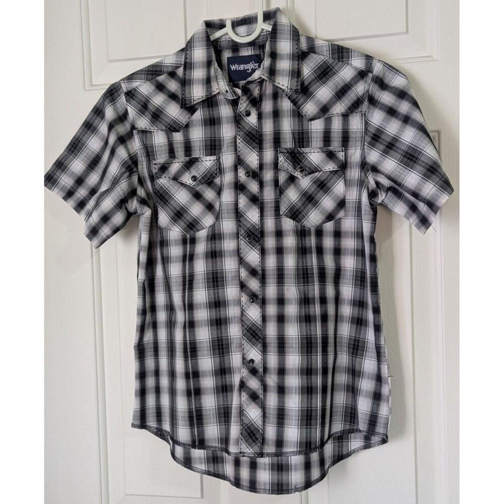 Wrangler Western Pearl Snap Shirt Boys Large Black Plaid Pockets S/S Cowboy EUC